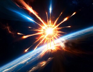 A dazzling and explosive cosmic event, showcasing bursts of energy radiating from an epicenter in space.. AI Generation