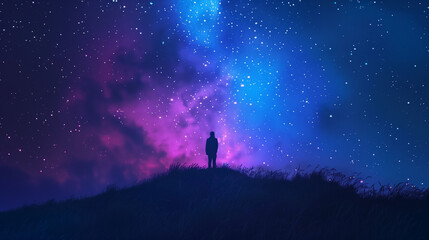 Person silhouetted against a vibrant Milky Way galaxy in a starry night sky