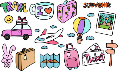 Hand drawn travel illustrations such as luggage, bag, souvenir, car, polaroid, balloon, map, plane, mug, bunny doll for trip, vacation, journey, holidays, stickers, logo, icon, post card, cute patches