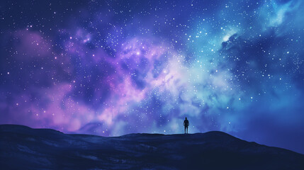 Fototapeta premium Person silhouetted against a vibrant Milky Way galaxy in a starry night sky