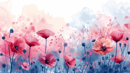 The image shows a watercolor painting of a field of red and pink poppies with blue and green foliage.