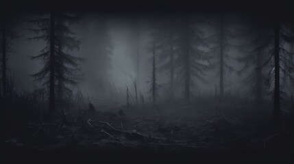 A mysterious forest with tall trees in dense fog, creating an eerie setting