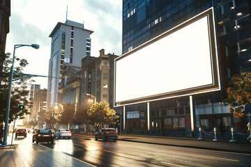Ultra HD 3D render of a sleek urban billboard on a bustling street corner, blank frame with a light border for advertising.