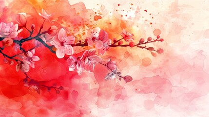 The watercolor painting shows a cherry blossom branch with delicate pink and white blossoms against a soft pink background.
