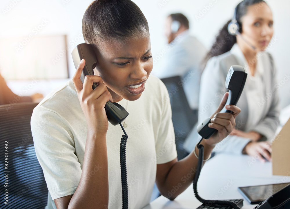 Poster Black woman, stress and telephone for call centre agent, busy and frustrated with client. Technology, CRM and customer care and communication for person, hotline and office for annoyed employee