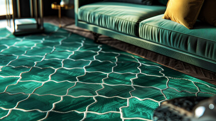 Obraz premium a chic emerald green area rug adorned with subtle charcoal gray geometric patterns 