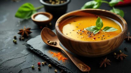 Wooden bowl of hot soup with spoon and spice on black background