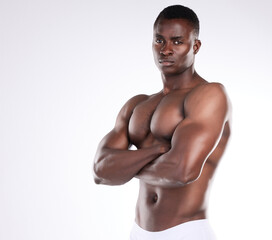 African man, fitness and arms crossed for sports goal, exercise challenge and training in studio....