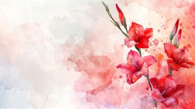 The watercolor painting shows red gladiolus flowers