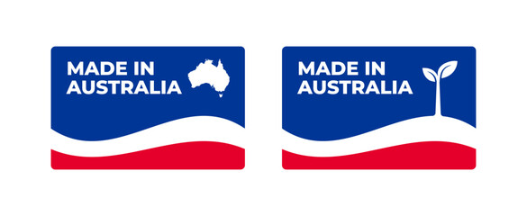 A set of rectangular Made in Australia label stickers with a map and flag of Australia isolated on a white background. Banner, sign, template. Vector illustration