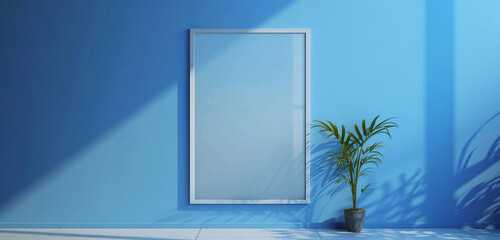 Glass poster frame mockup on a bright blue wall, transparent background, realistic 3D vector artwork