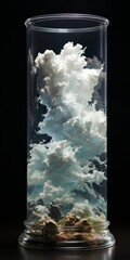 A glass jar with clouds and rocks on a table, creating a surreal indoor scene