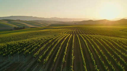 Sun kisses the horizon over a lush vineyard, rows undulating with the rolling hills.