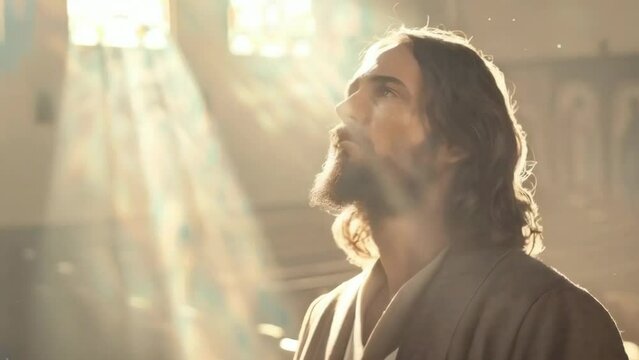 Jesus Christ portrait in rays of holy divine light rays at sunset - 4k new stock video footage AI