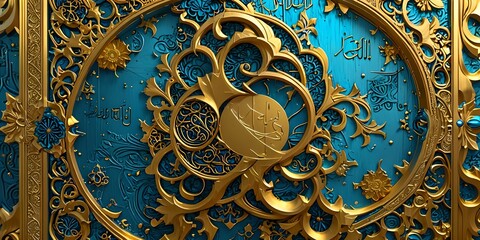 fond d'écran en relief, avec un motif doré et bleu. Style de sculpture arabe