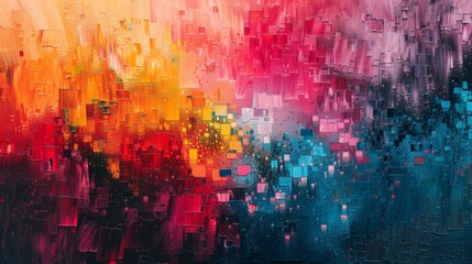 Vibrant abstract painting with vivid colors blending into a mesmerizing array of shapes, creating a captivating visual experience.