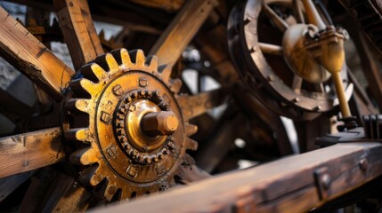 A closeup shot of the intricate gears and mechanisms inside a historic windmill.