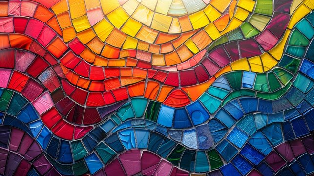 Vibrant mosaic artwork with colorful tiles forming abstract waves and patterns, creating a dynamic and artistic visual effect.