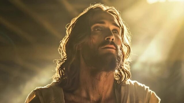 Jesus Christ portrait in rays of holy divine light rays at sunset - 4k new stock video footage AI