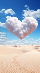Over a desert,a heartshaped cloud floats in the sky