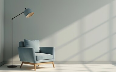3D rendering of a modern interior design featuring a blue armchair and floor lamp on a light gray wall background
