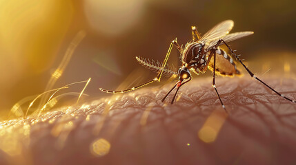 A close-up of a mosquito on human skin