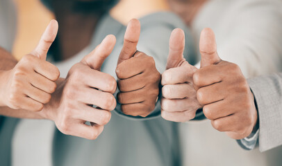 Business people, hands and thumbs up for thank you, good job and success gesture for collaboration...