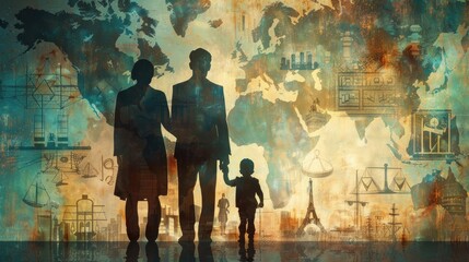 A family of three silhouetted against a world map backdrop with various global icons, symbolizing unity, exploration, and the global journey of life.
