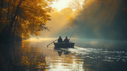 Natural beauty of fishermen in a boat on a serene river
