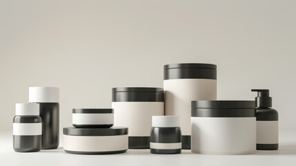 A sleek arrangement of black and white cosmetic containers.