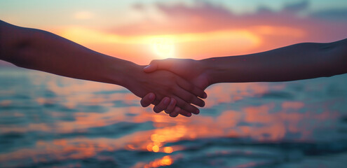 Hands Shaking in Friendship at Sunset by the Sea,