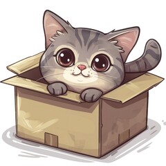 A cartoon cat is inside a cardboard box
