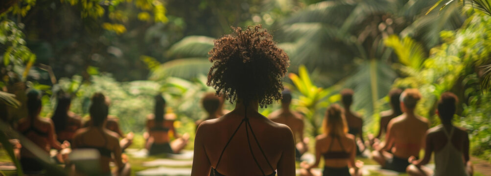 wellness retreat, a diverse group at a wellness retreat led by an asian instructor in a serene setting with lush greenery, tranquil vibes, and yoga mats