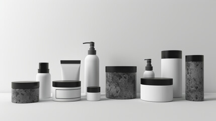 A collection of minimalist cosmetic product packaging on a neutral background for modern branding.
