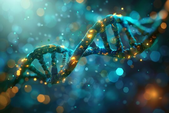Glittering turquoise DNA helix amidst a constellation of stars, evoking thoughts of cosmic genetics and the universal nature of life