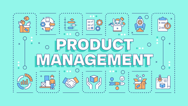 Product management turquoise word concept. Product planning, development and launch. Typography banner. Vector illustration with title text, editable icons color. Hubot Sans font used