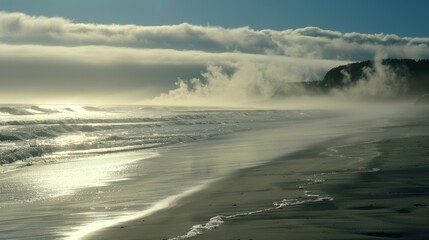 Obraz premium The air is thick with the salty scent of the sea as sea smoke blankets the shoreline.