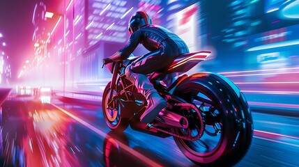Cybernetic racer on futuristic bike close up, focus on, copy space vibrant hues, Double exposure silhouette with neon cityscape