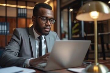 Lawyer wearing glasses, focused and typing on a laptop in a modern office