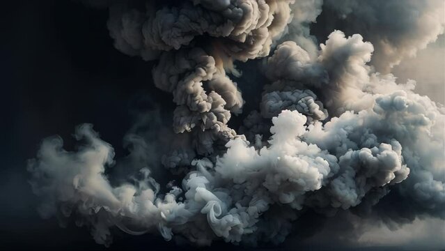 White and gray smoke swirls against a black background. AI.