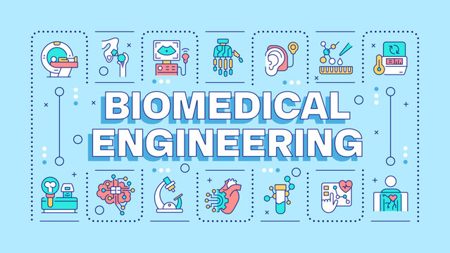 Biomedical engineering light blue word concept. Medical technologies. Biotechnology. Typography banner. Vector illustration with title text, editable icons color. Hubot Sans font used