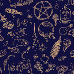 Supernatural magical collection of magical elements. Symbols of witchcraft. Ethnic esoteric collection with hands, moon, crystals, plants, palmistry and other magical elements. Vector illustration