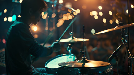 A drummer in the zone, immersed in rhythm under festive lights. - Powered by Adobe