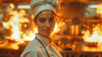 female chef in action, talented female chef demonstrating expertise in a busy restaurant kitchen, with flames in the background, featuring a focused expression and minimalist design