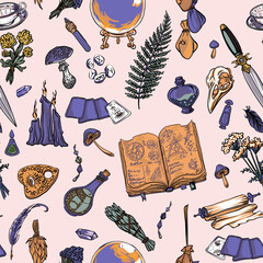 Supernatural magic collection of magic elements seamless background. Witch things, vintage retro engraving style, vector graphics