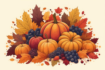 Illustration of a festive Thanksgiving scene, adorned with pumpkins, ripe fruits, and a vibrant array of autumn leaves.