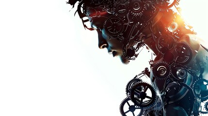 Rogue technomancer with cybernetic arm close up, focus on, copy space dynamic colors, Double exposure silhouette with robotic gears