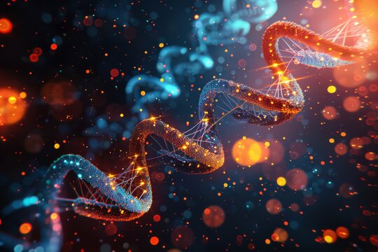 Fiery DNA helix intertwining with cosmic elements, depicting the fusion of human genetics and the mysteries of the universe