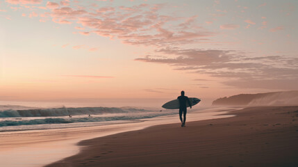A surfer's solitary walk on a misty beach, waves whispering secrets.