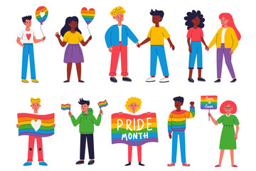Pride Month. LGBT People holding rainbow flags, balloons, holding hands
